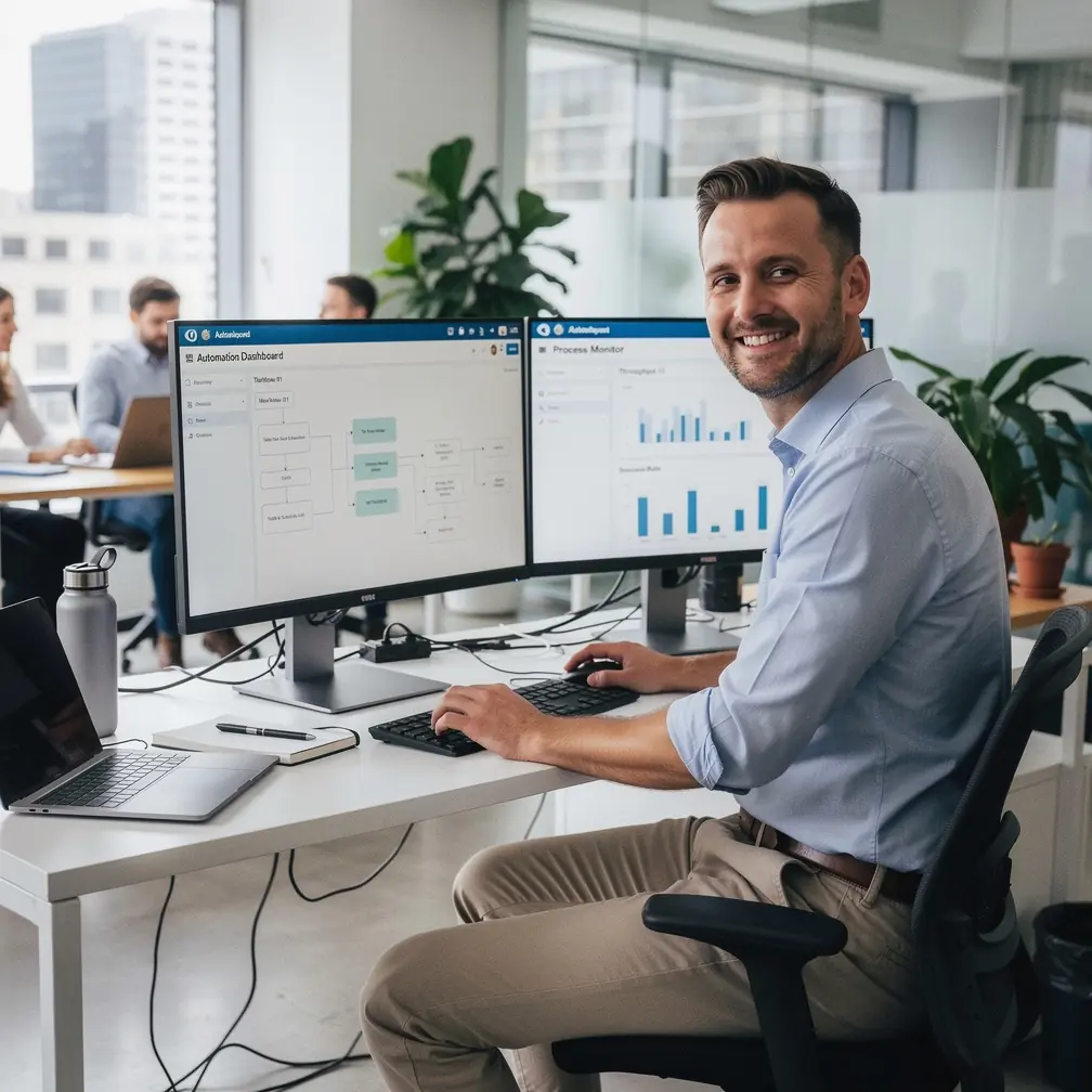 Professional woman using a laptop to implement business automation strategies in a modern office setting.